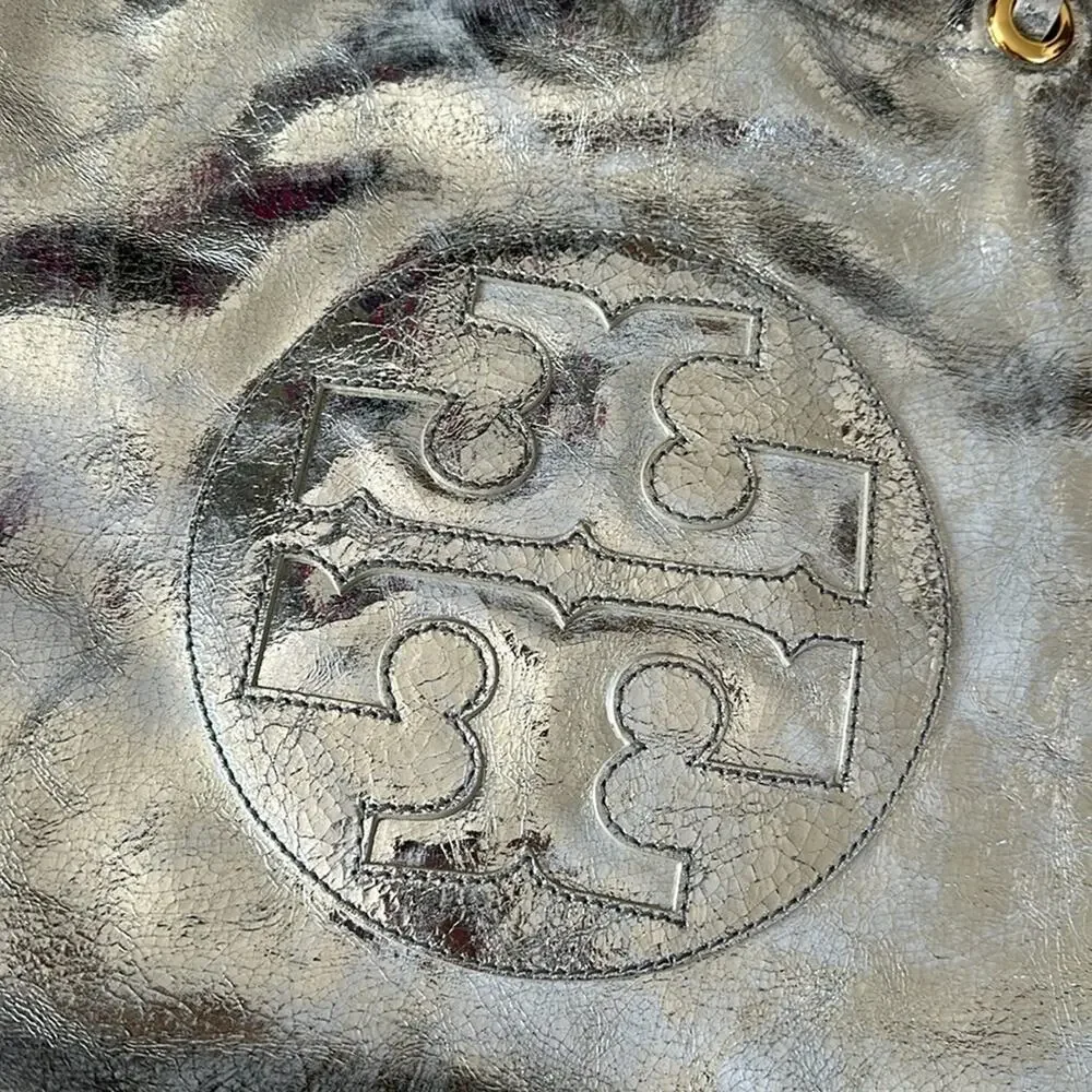Tory Burch Metallic Silver logo T  tote Shoulder Bag.
